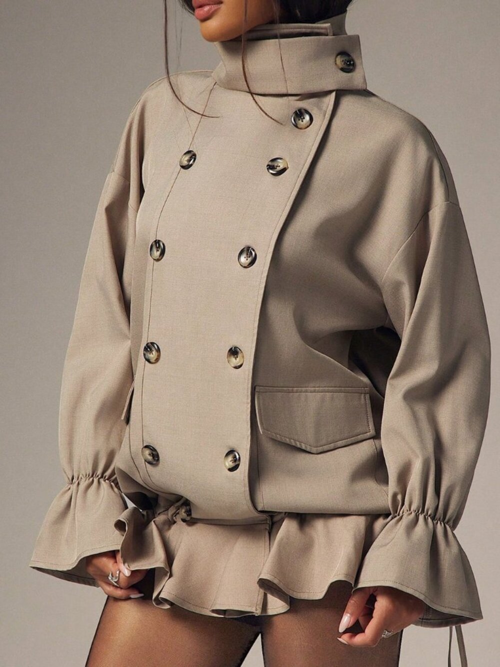 Brown Casual Women's Oversized Long Sleeve Double-Breasted Stand Collar Jacket